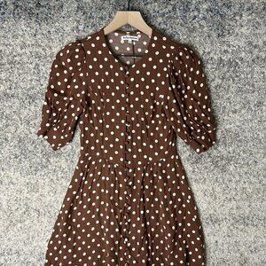 Reformation Dress Womens 0 Brown Polka Dot Puff Sleeve Button Mini Fit & Flare